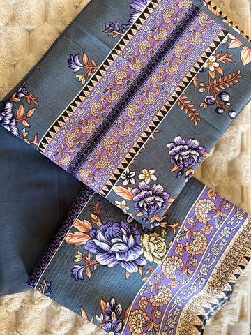Navy Blue – Purple Border 3Pc Unstitched Bana Dora Lawn Suit