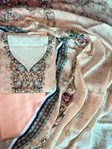 Peach Rose – Chikankari Print Neckline 3Pc Suit