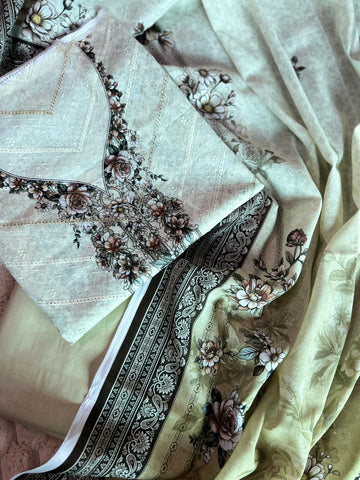 Ivory Rose – 3Pc Chikankari Print Lawn Suit with Olive Trouser