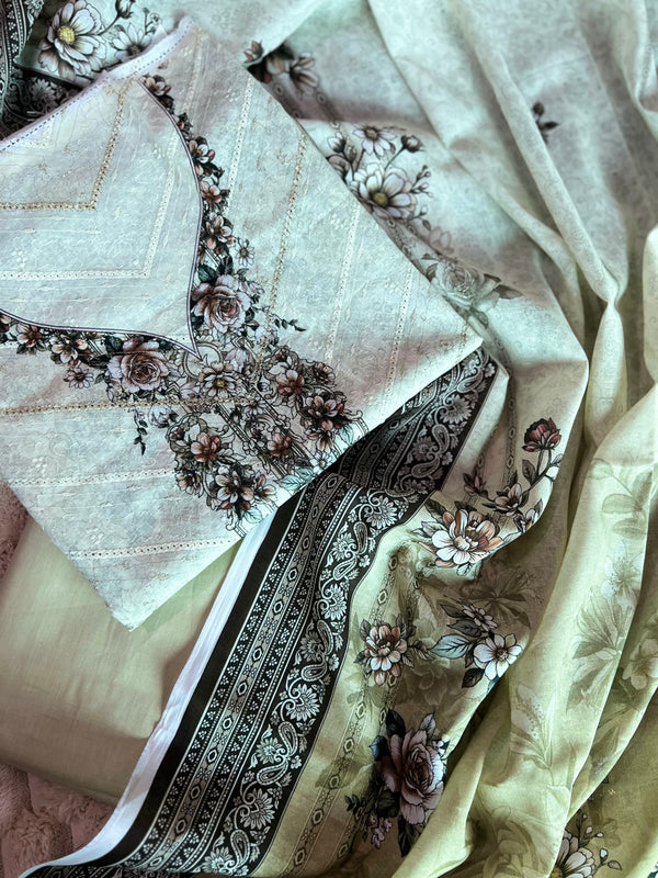 Ivory Rose – 3Pc Chikankari Print Lawn Suit with Olive Trouser