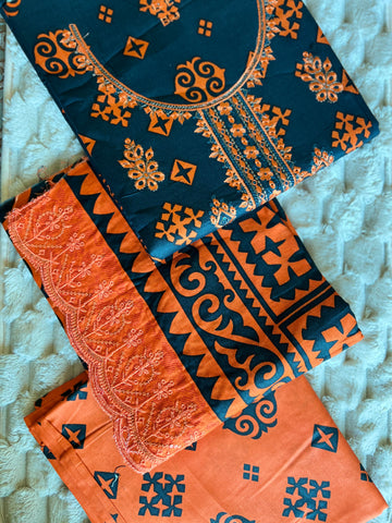 Teal Orange – Geometric Print 3Pc Suit with Bordered Dupatta