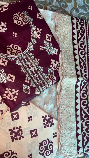 Maroon Aztec – Embroidered 3Pc Suit with Bordered Dupatta