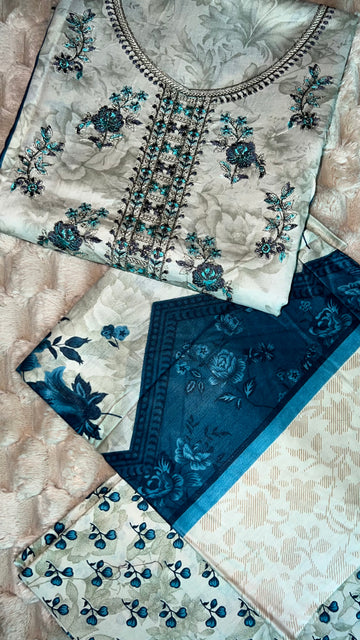 Ivory Teal – Embroidered 3Pc Suit with Beige Trouser