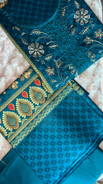 Peacock Blue – Embroidered 3Pc Suit with Cutwork Hem