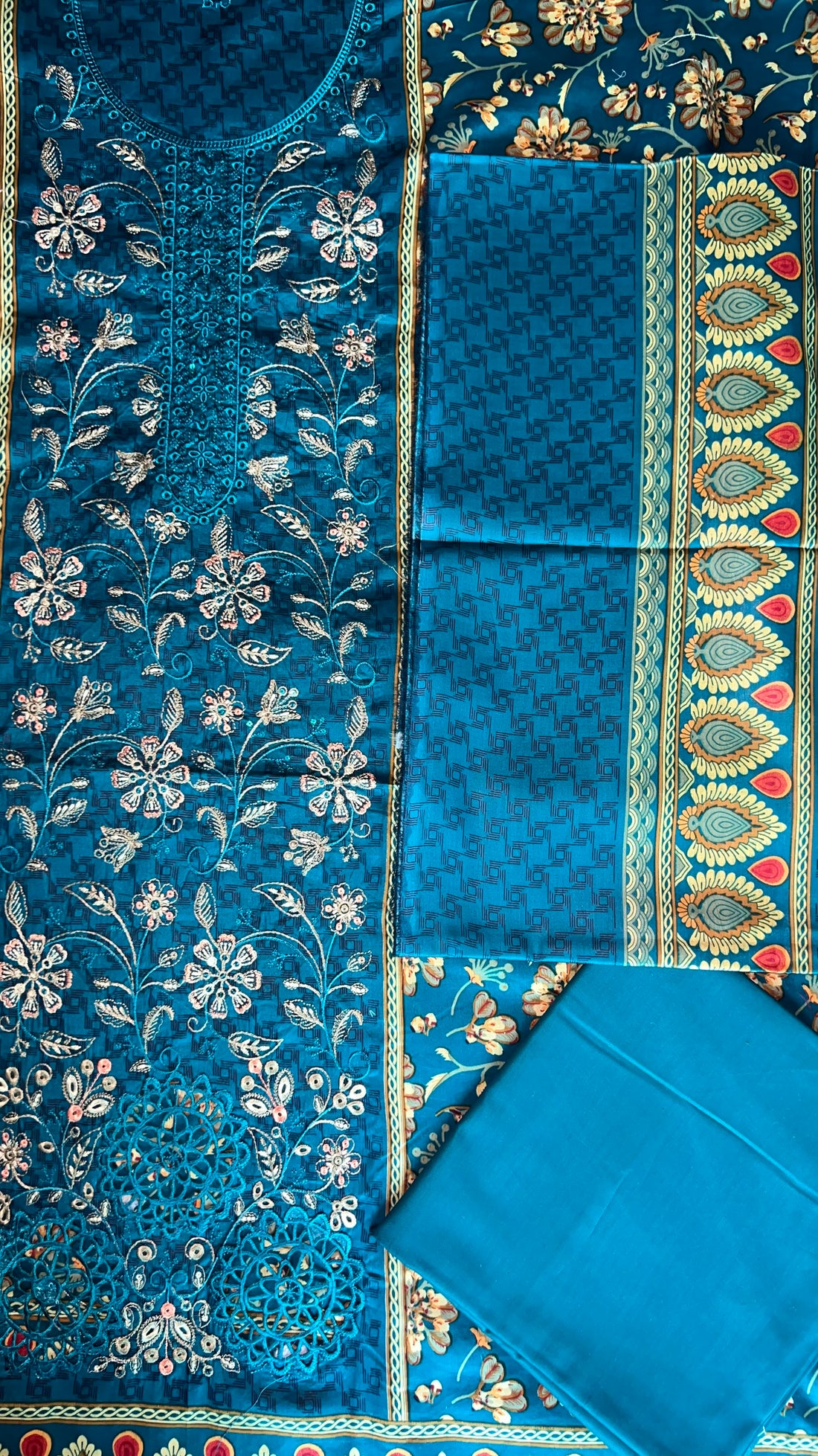 Peacock Blue – Embroidered 3Pc Suit with Cutwork Hem