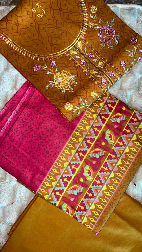 Mustard Brown – Multicolor Embroidered 3Pc Suit with Magenta Trouser