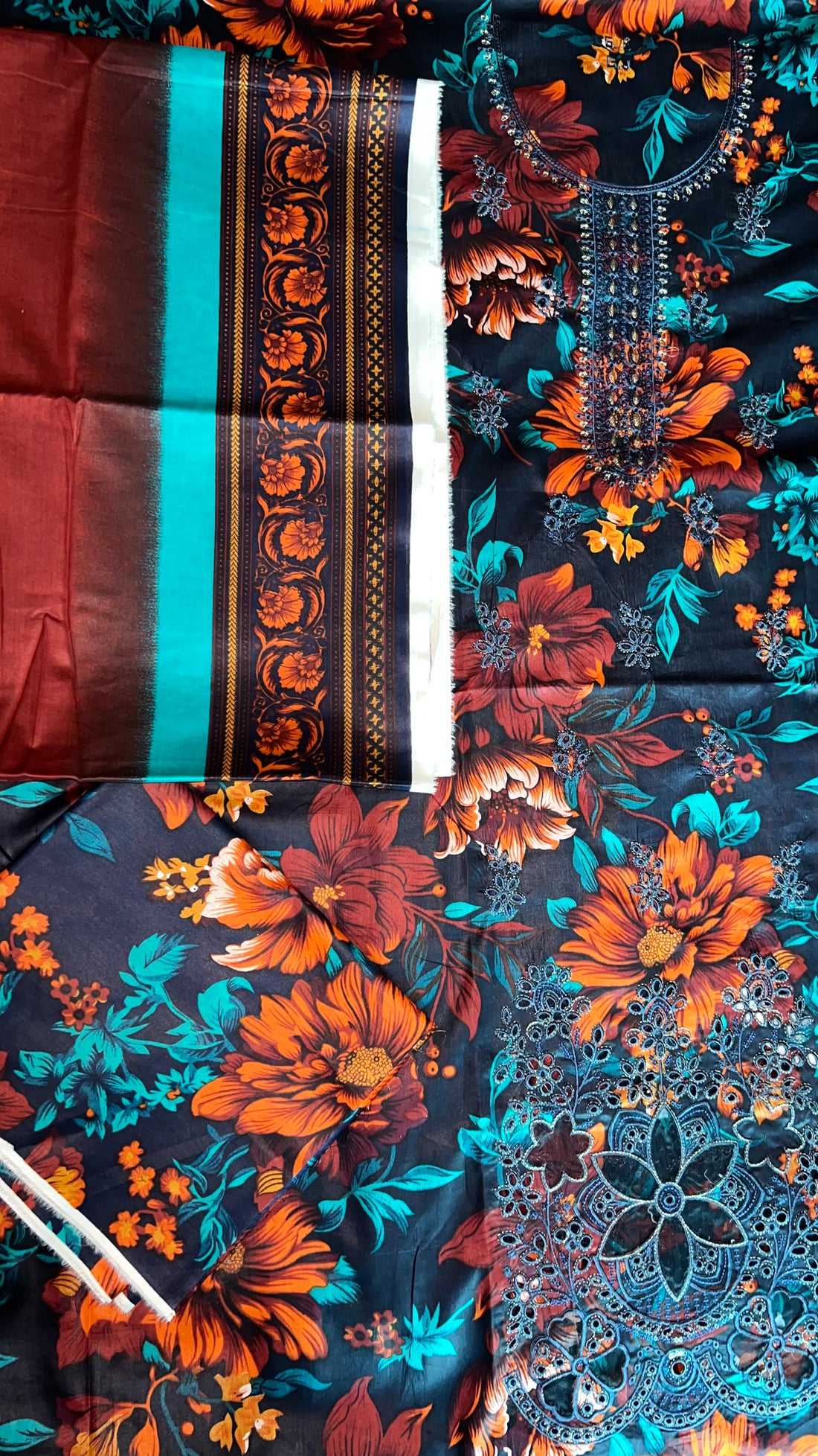 Black Floral – Vibrant Print 3Pc Suit with Cutwork Embroidery