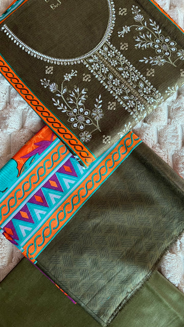 Olive Green – Embroidered 3Pc Suit