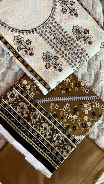 Ivory Block Print – 3Pc Embroidered Neckline Suit