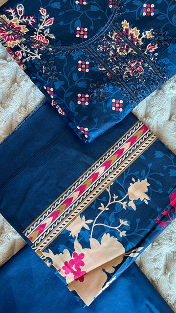 Teal Navy – Chikankari Floral 3Pc Suit