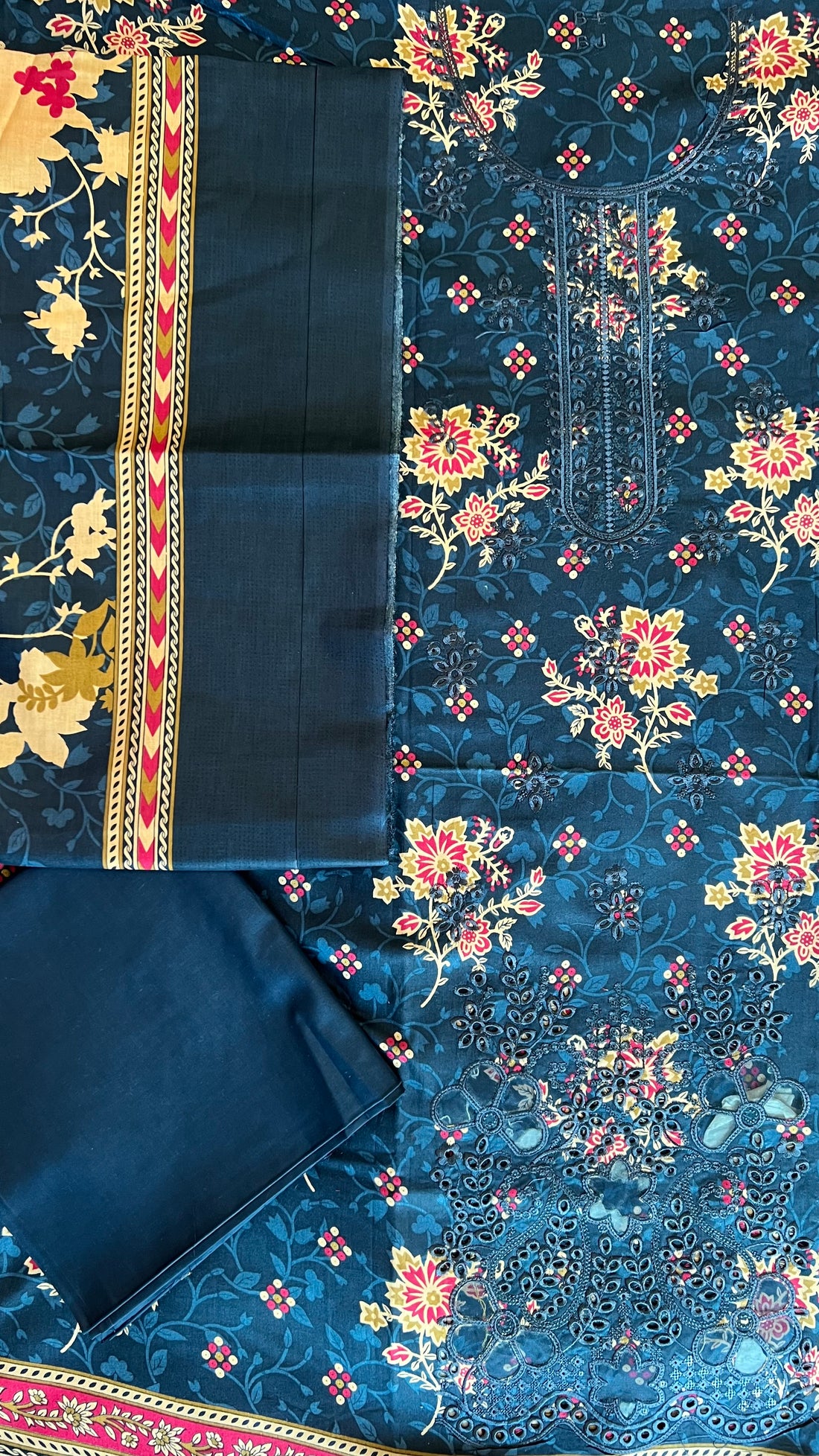 Teal Navy – Chikankari Floral 3Pc Suit