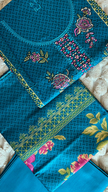 Teal Blossom – Embroidered 3Pc Suit with Cutwork Detail
