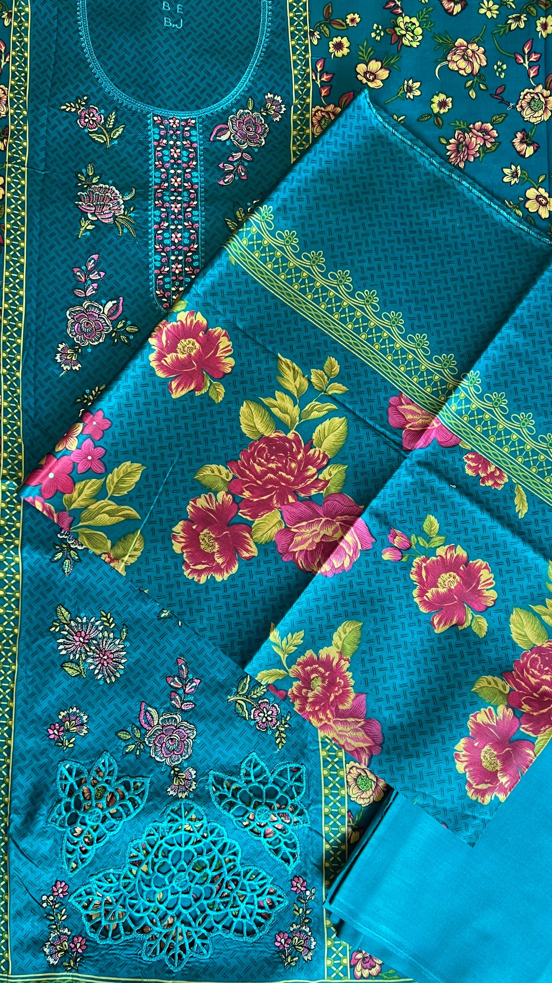 Teal Blossom – Embroidered 3Pc Suit with Cutwork Detail
