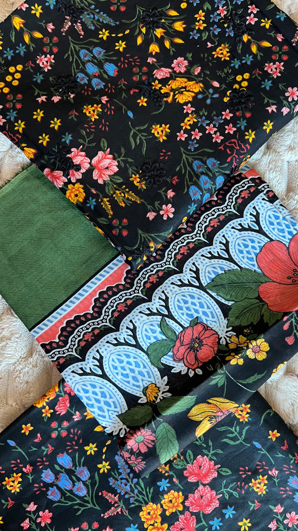 Black Garden – Multicolor Floral 3Pc Suit with Green Trouser
