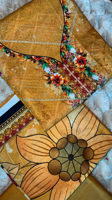Mustard Gold – Chikankari Print Neckline 3Pc Suit
